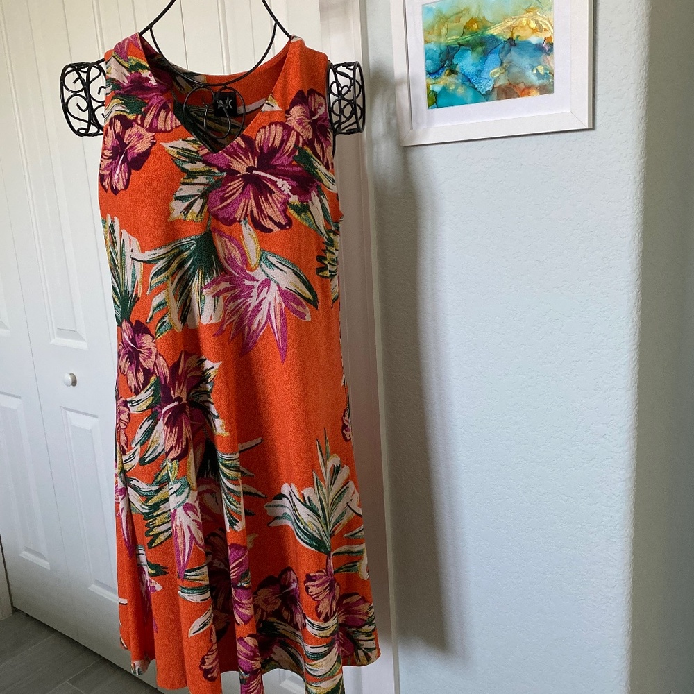 Anne Klein Orange Floral V-Neck Dress Sz M